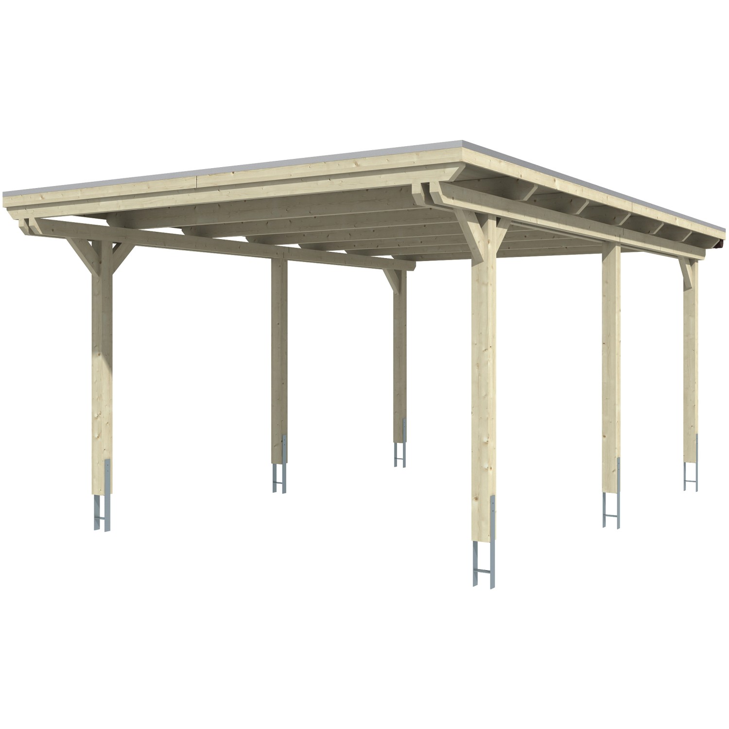 Skan Holz Carport Emsland Nussbaum, Einzelcarport mit Flachdach und sechs Pfosten.