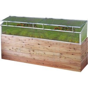 Juwel Thermo-Frühbeet 150 auf Holzhochbeet, mit Pflanzen befüllt.