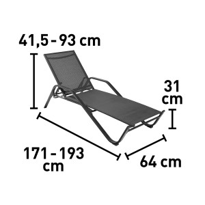 Schwarze Sonnenliege Pacora aus Textilen mit Maßangaben für Höhe, Länge und Breite.