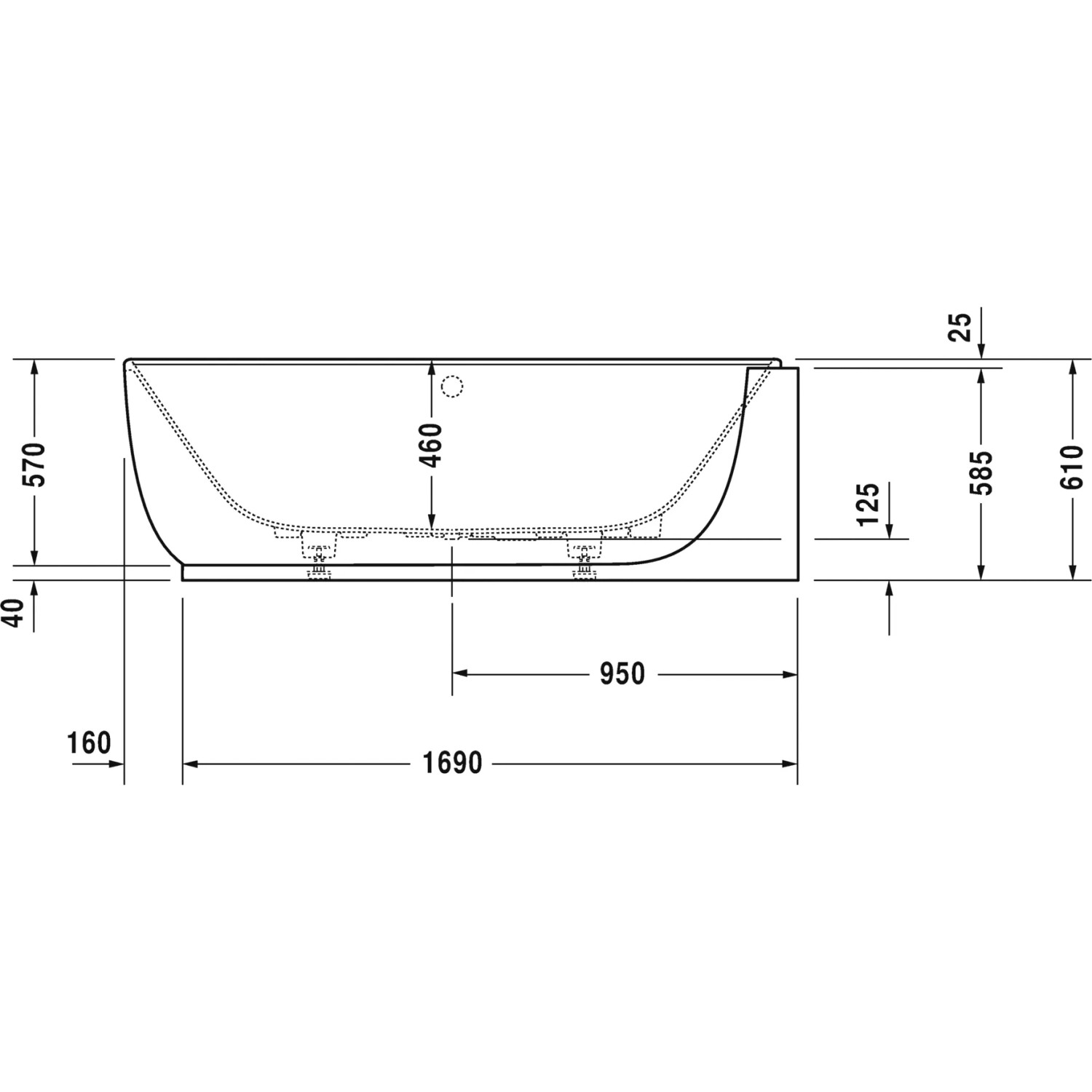Technische Zeichnung der Duravit Luv Eck-Badewanne, 185x95 cm, mit Maßen.