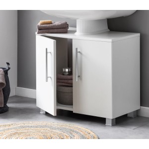 Weißer Badmobil Waschbeckenunterschrank (60 cm) mit geöffneter Tür und silbernen Griffen.