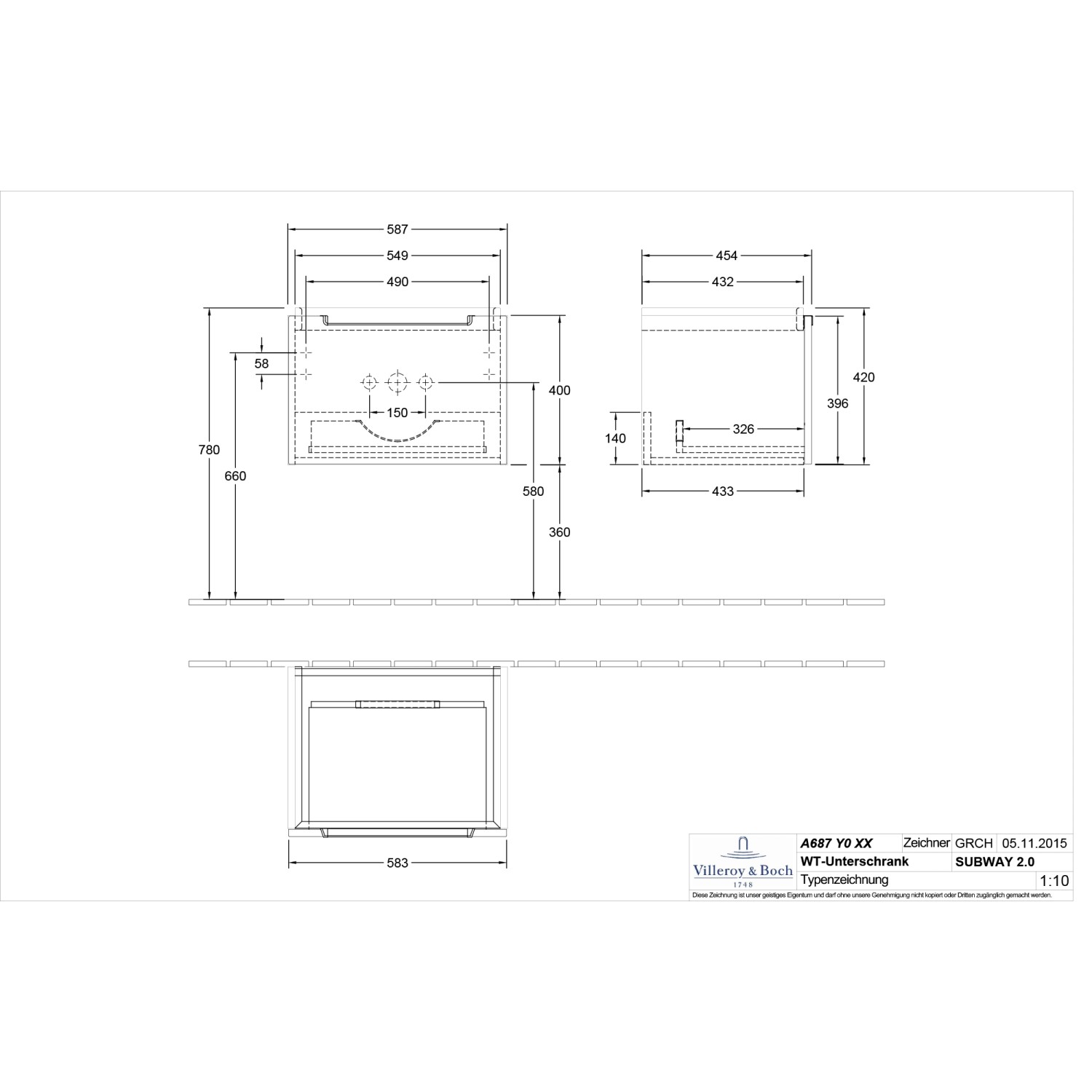 Technische Zeichnung: Villeroy & Boch Subway 2.0 Waschbeckenunterschrank, Maße und Details.