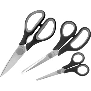 3-teiliges Scherenset mit Edelstahlklingen und schwarzen Griffen in verschiedenen Größen.