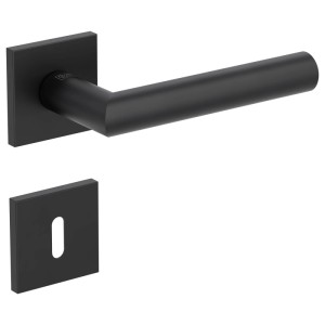 Schwarze Rosettengarnitur Venus BB für Innentüren. Moderner Türgriff mit quadratischer Rosette und Buntbart-Lochung.
