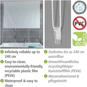 Wenko Duschrollo 128x240 cm: Weißes Rollo mit Streifenmuster für Dusche und Badewanne.