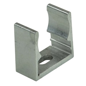 Silberne Alu-Klemmschelle für Rohre Ø 32 mm mit Befestigungsloch. Ideal für Blitzschutzmaterial.