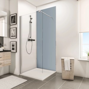 Schulte ExpressPlus Duschrückwand Ecke asymmetrisch, 210x90x120 cm, mit blauer und weißer Platte.