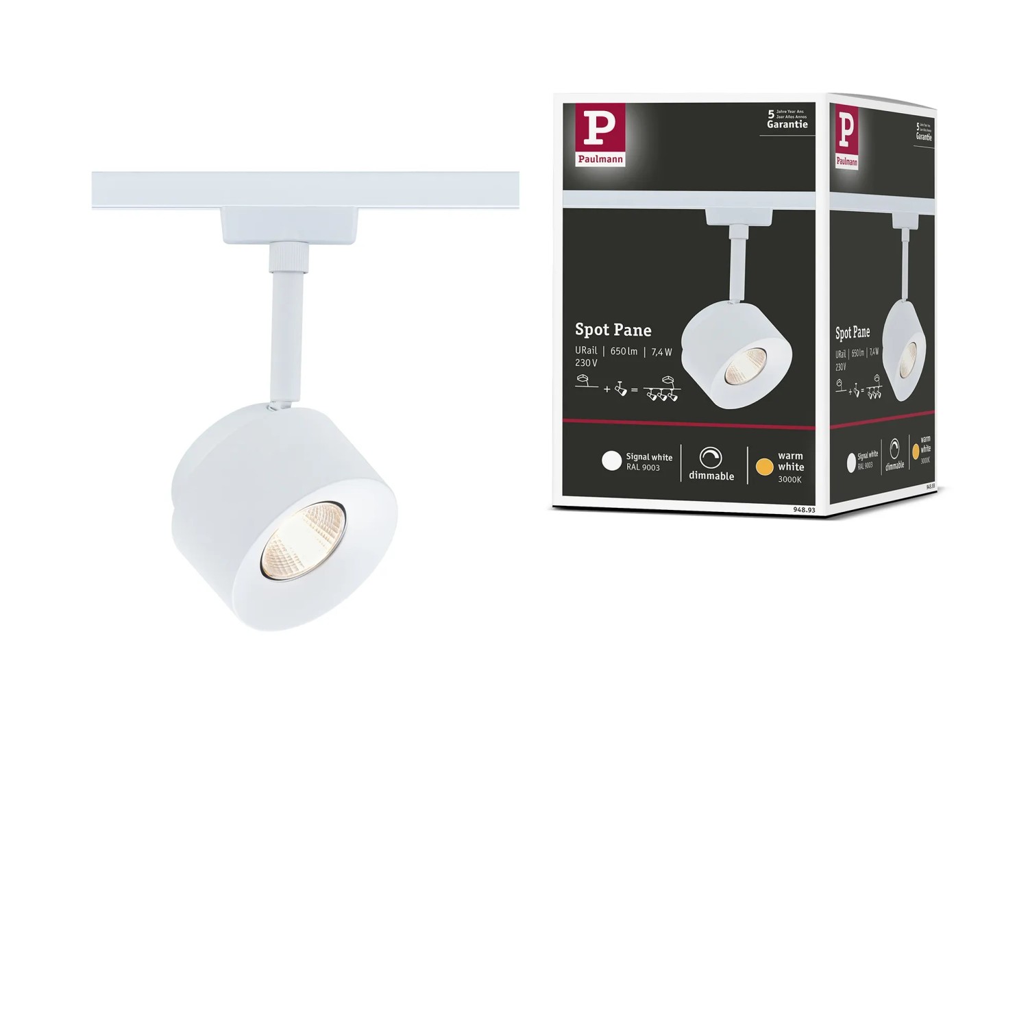 Paulmann LED-Schienenspot Pane, signalweiß, warmweiß, für URail-Schienensysteme.