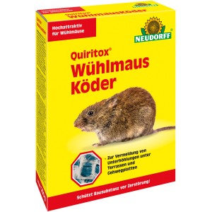 Neudorff Quiritox Wühlmausköder 200g im gelben Karton mit Wühlmaus Abbildung.