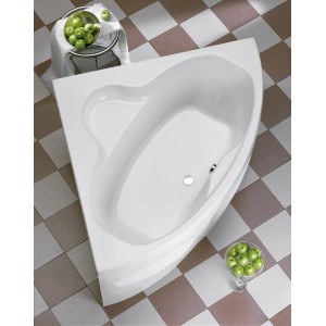 Weiße Katamaran Eckbadewanne 148 cm mit integrierter Sitzfläche, Aufsicht.