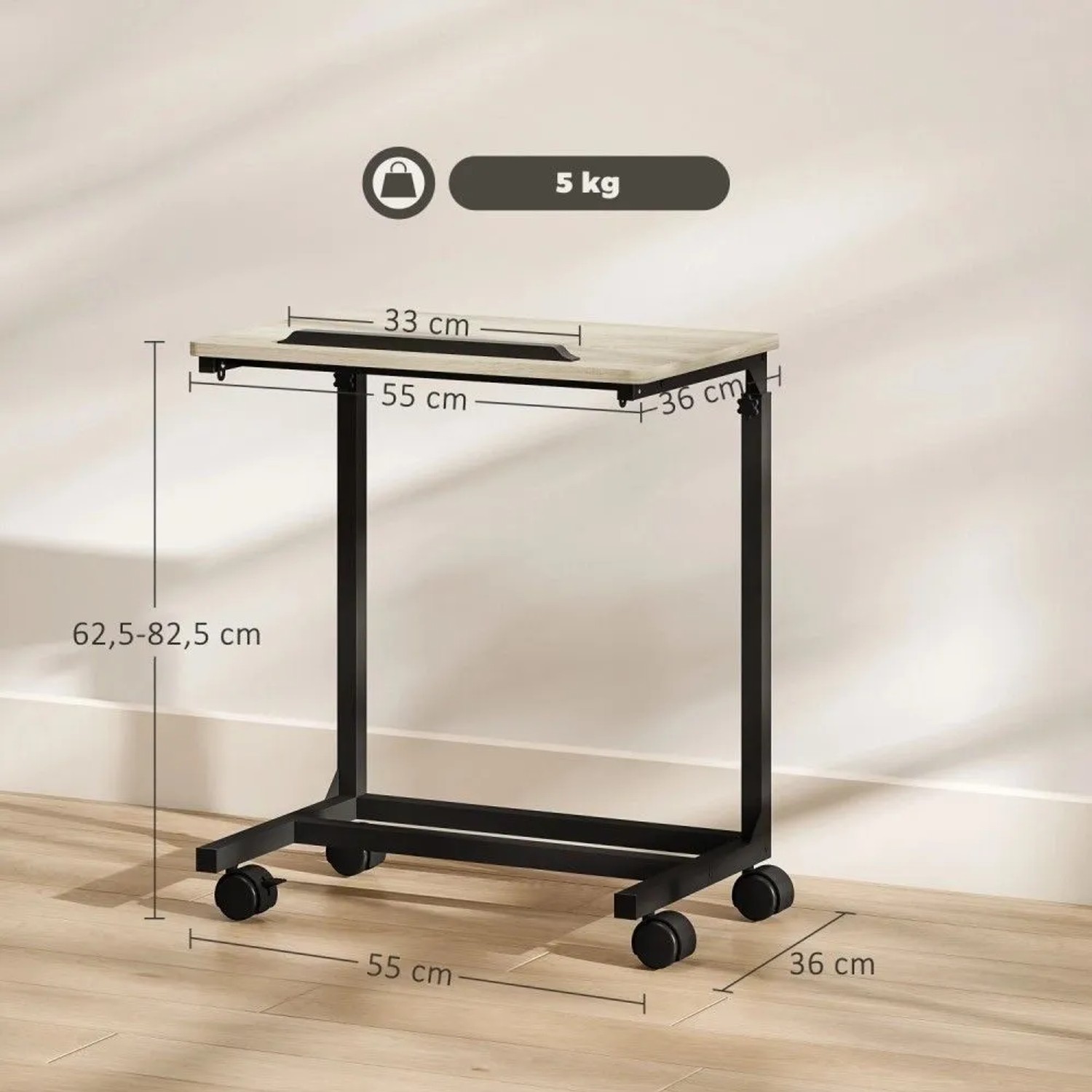 HOMCOM Beistelltisch Eiche, höhenverstellbar 62,5-82,5 cm, rollbar, schwarzes Metallgestell, C-Form, für Laptop.