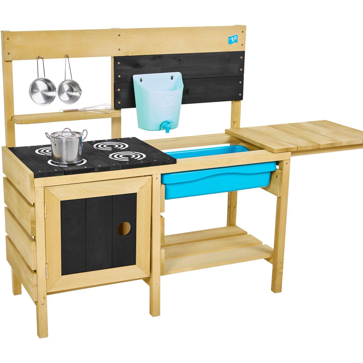TP Toys Kinderspielküche Deluxe aus Holz mit Herd, Spüle, Wasserspender und Zubehör.