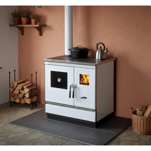 Weißer Haas+Sohn Holzherd HSH 81 mit Backfach links, 7,4 kW Leistung und Stahlkochplatte.