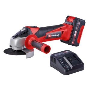Einhell Akku-Winkelschleifer TC-AG 18/115 mit Akku, Ladegerät und Zusatzhandgriff.