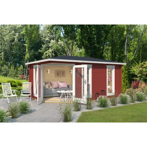 Lasita Maja Gartenhaus Edinburgh 2, schwedenrot, mit offenstehenden Türen und überdachter Sitzfläche.