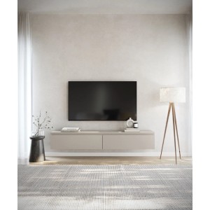 Selsey TV-Hängeboard Bemmi 175 cm in Kaschmirgrau, schwebend unter TV, mit zwei Klappenfächern im modernen Wohnzimmer.