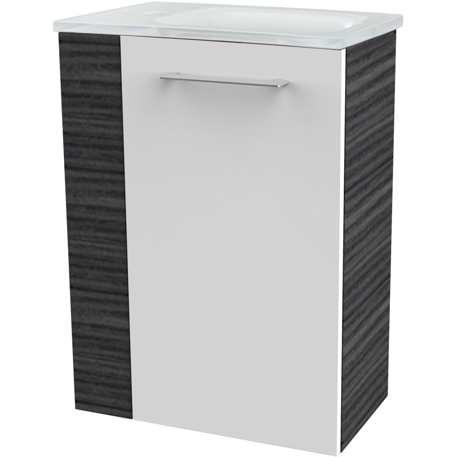 Fackelmann Waschbeckenunterschrank SBC Dark Oak, 44 cm breit, mit weißer Front und Griff.