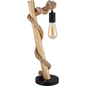 Schwarze Globo Design-Tischlampe mit Holzfuß und Hanfseil, 53,5 cm hoch.