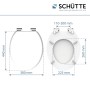 Abbildung des Schütte WC-Sitz White mit Holzkern und Absenkautomatik, mit Maßangaben.