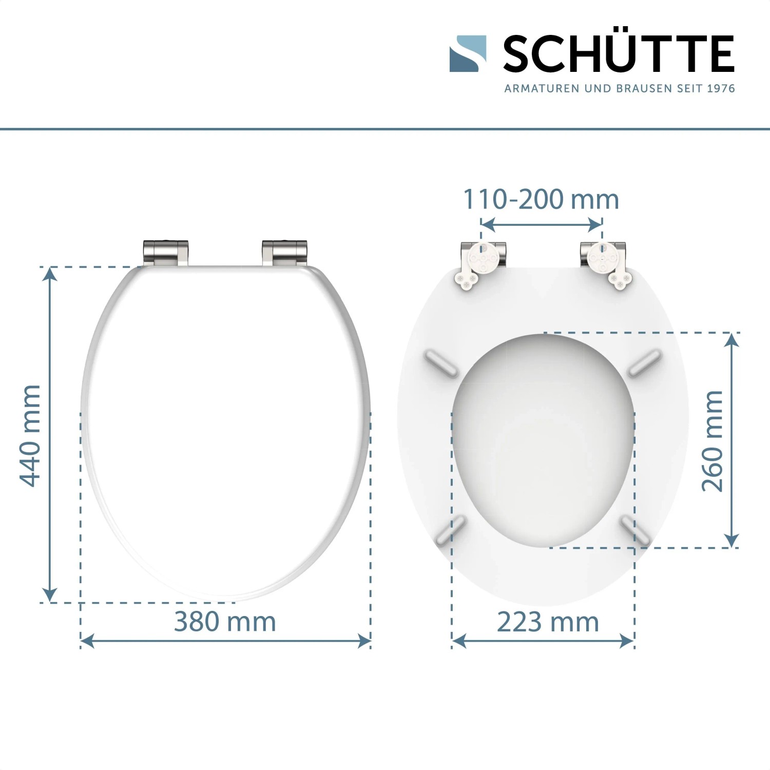 Abbildung des Schütte WC-Sitz White mit Holzkern und Absenkautomatik, mit Maßangaben.