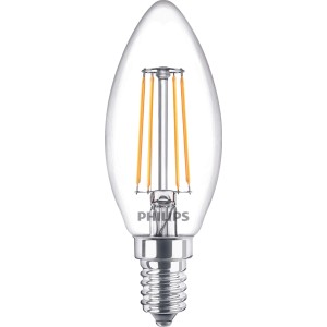 Philips LED-Lampe E14 Kerze, 4,3W, klar, mit Filament für Wohnräume.