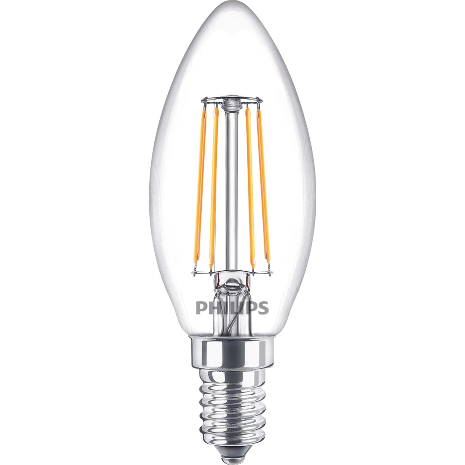 Philips LED-Lampe E14 Kerze, 4,3W, klar, mit Filament für Wohnräume.