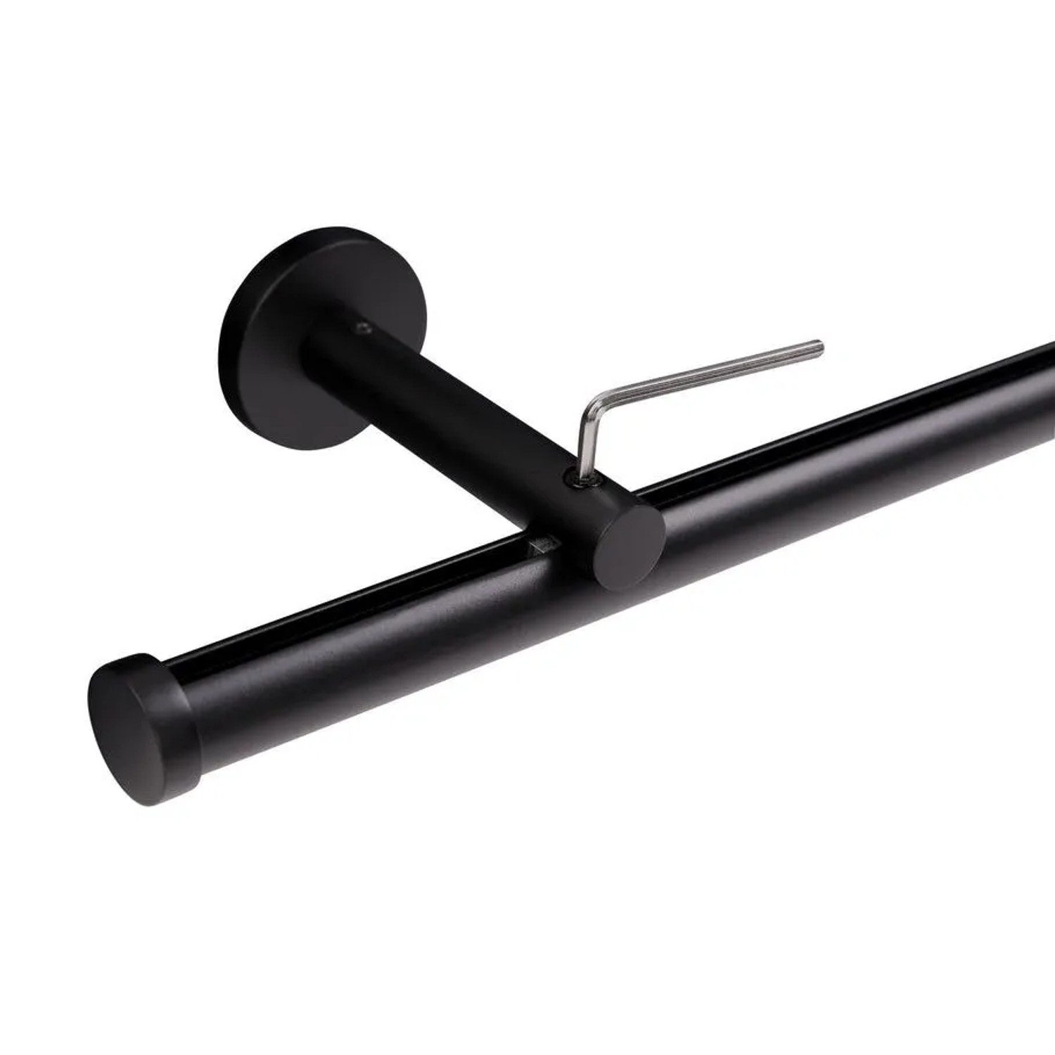 Schwarze Gardinenstange Innenlauf mit Kappe, 20mm Durchmesser, aus Metall. Wandhalterung und Inbusschlüssel sichtbar.