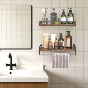 Songmics Wandregal-Set Barnet, 2-teilig, braun-schwarz, mit Handtuchhalter im Badezimmer.