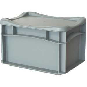Graue Eurobox-System Box (30x20x17 cm) mit Vollwand für Aufbewahrung.