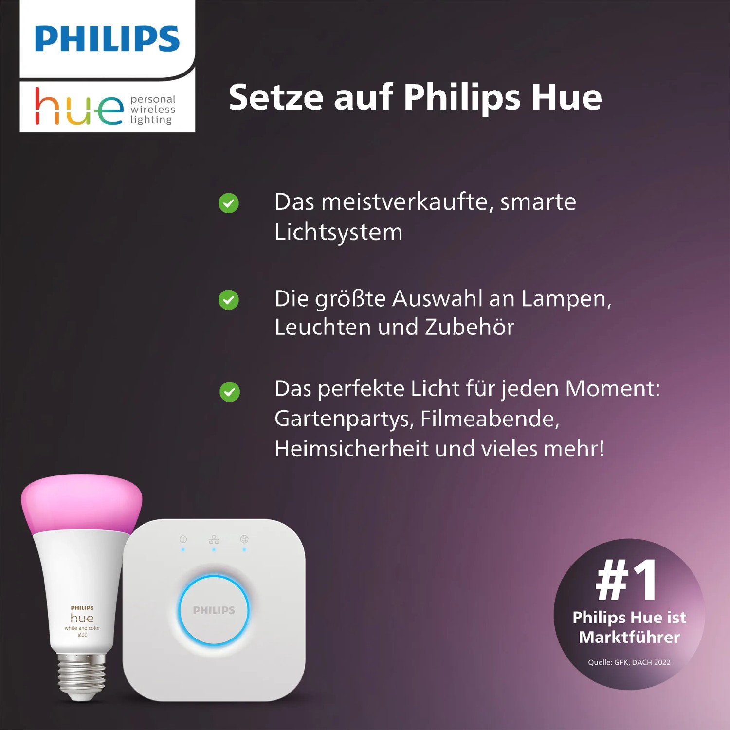 Philips Hue Starter-Set: 2 E27 Leuchtmittel, Dimmer und Hue Bridge für smarte Beleuchtung.