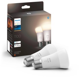Philips Hue E27 Doppelpack, 2x 9,5W LED Lampen mit warmweißem Licht und Verpackung.