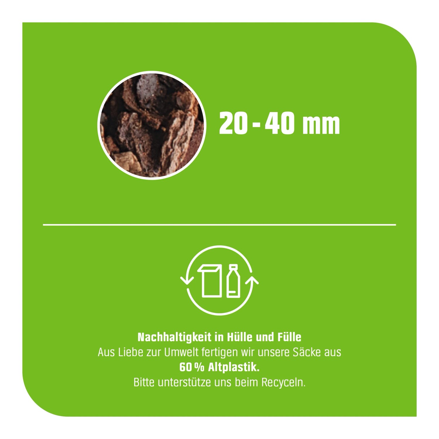 Detailaufnahme: Grobe GROW by OBI Pinienrinde 20-40mm, Hinweis auf Recycling-Kunststoff Verpackung.
