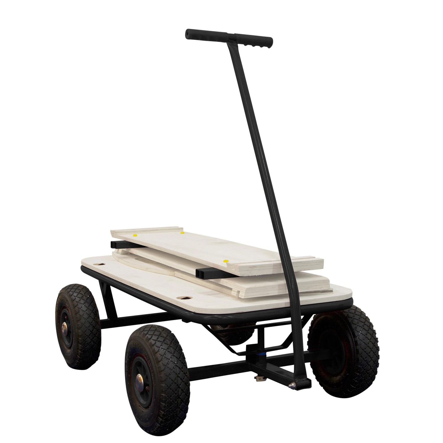 Schwarzer Sunny Bollerwagen Billy Beach Wagon mit Holzauflage und Luftreifen.