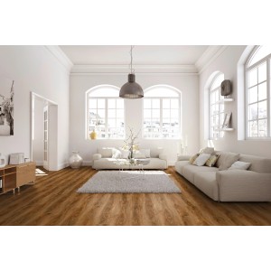 Verlegter Click-Vinylboden Eiche Padua Landhausdiele im Wohnzimmer.