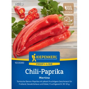 Kiepenkerl Chili-Paprika Mertina F1 Saatgut: Rote, längliche Chili-Paprika auf der Packung.