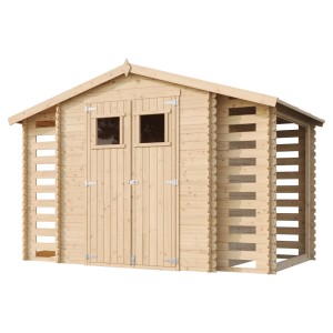 Timbela Holz-Gartenhaus mit Brennholzregalen, 5,47 m², unbehandeltes Holz mit Doppeltür und zwei Fenstern.
