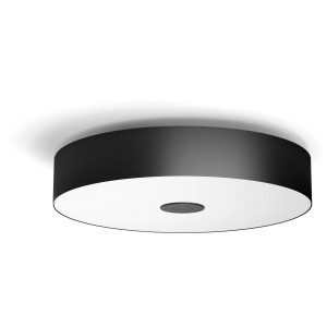 Schwarze Philips Hue Fair LED-Deckenleuchte mit Dimmschalter, warmweißes Licht.