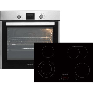 Respekta Herdset Diman + Benjamin: Edelstahl Backofen und schwarzes Glaskeramikkochfeld mit vier Kochzonen.