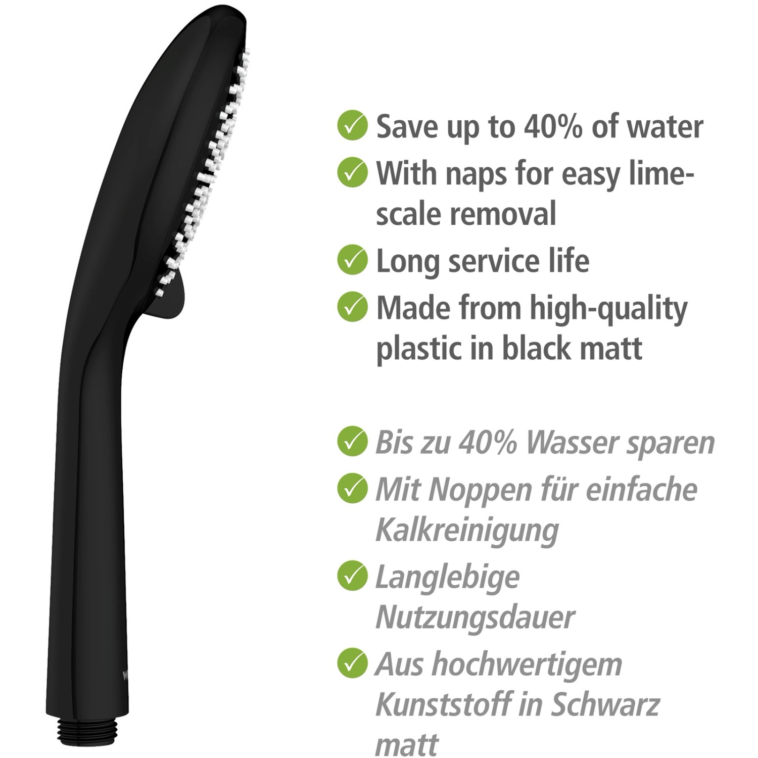 Wenko Brausekopf Watersaving Schwarz, Handbrause mit Wassersparfunktion und Antikalk-Noppen.