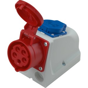 CEE Kombi-Wandsteckdose, 5-polig, IP44, 16A, rot, grau, blau, mit Schuko-Steckdose.