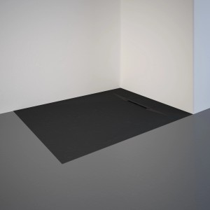 Rechteckige, anthrazitfarbene Schulte Duschwanne ExpressPlus Extraflach 100x80 cm in Steinoptik.