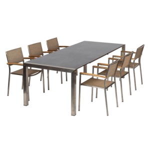 Acamp Gartenmöbel-Set Skye mit 6 Stapelsesseln und Ausziehtisch Auris Extension in Beige.