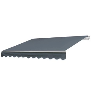 Graue MCW Alu-Markise 3x2,5m mit Acryltuch und Handkurbel zur Wandmontage.