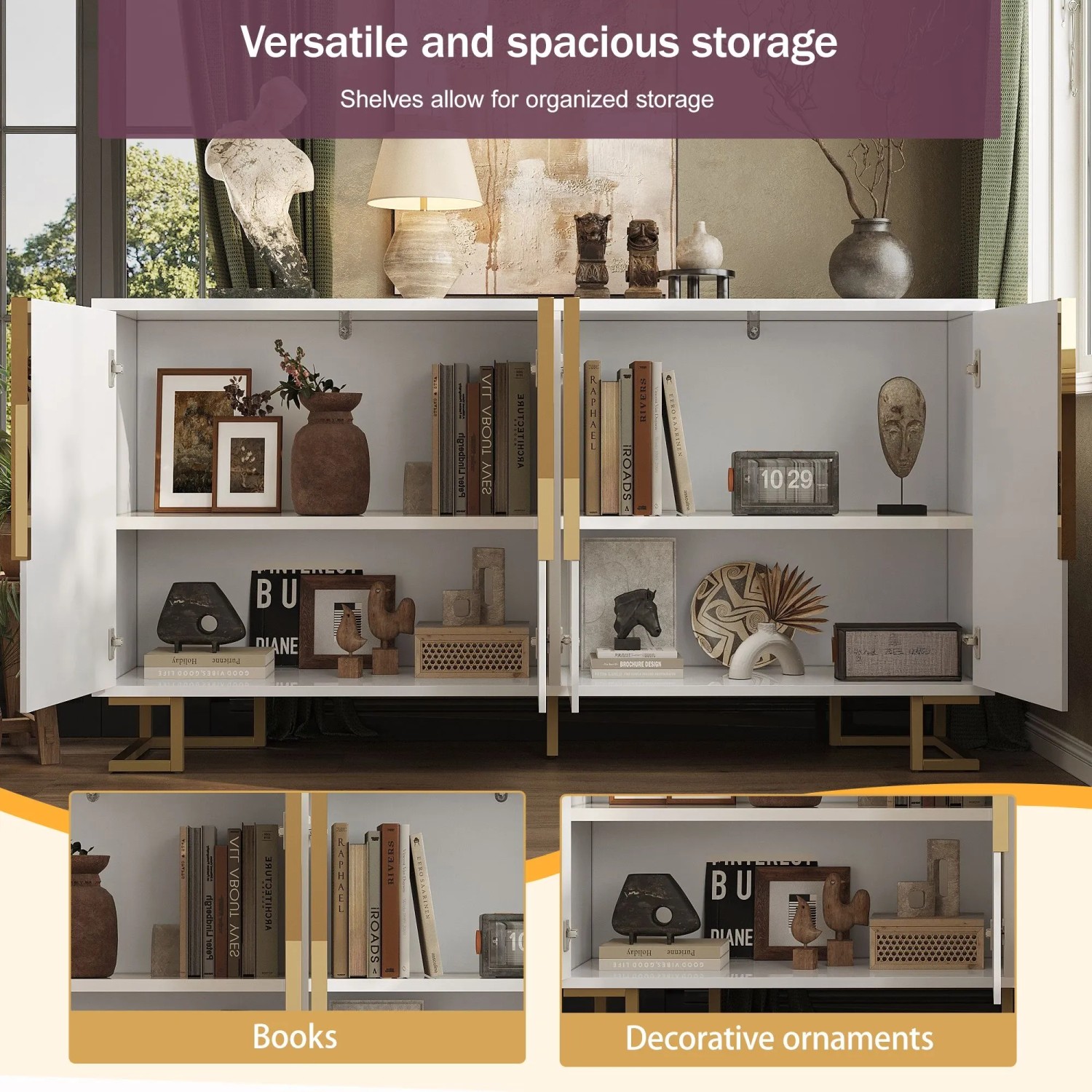 okwish Sideboard mit Geometrischem Design Goldene Griffe Wohnzimmer 152x40x75cm Weiß_8