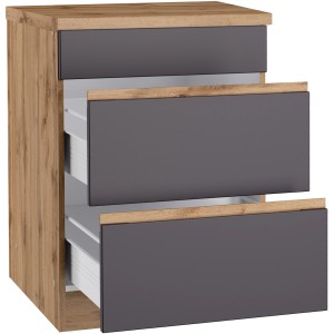 Held Möbel Kochfeldumbauschrank Turin, 60 cm, Graphit/Wotaneiche mit 2 Auszügen.