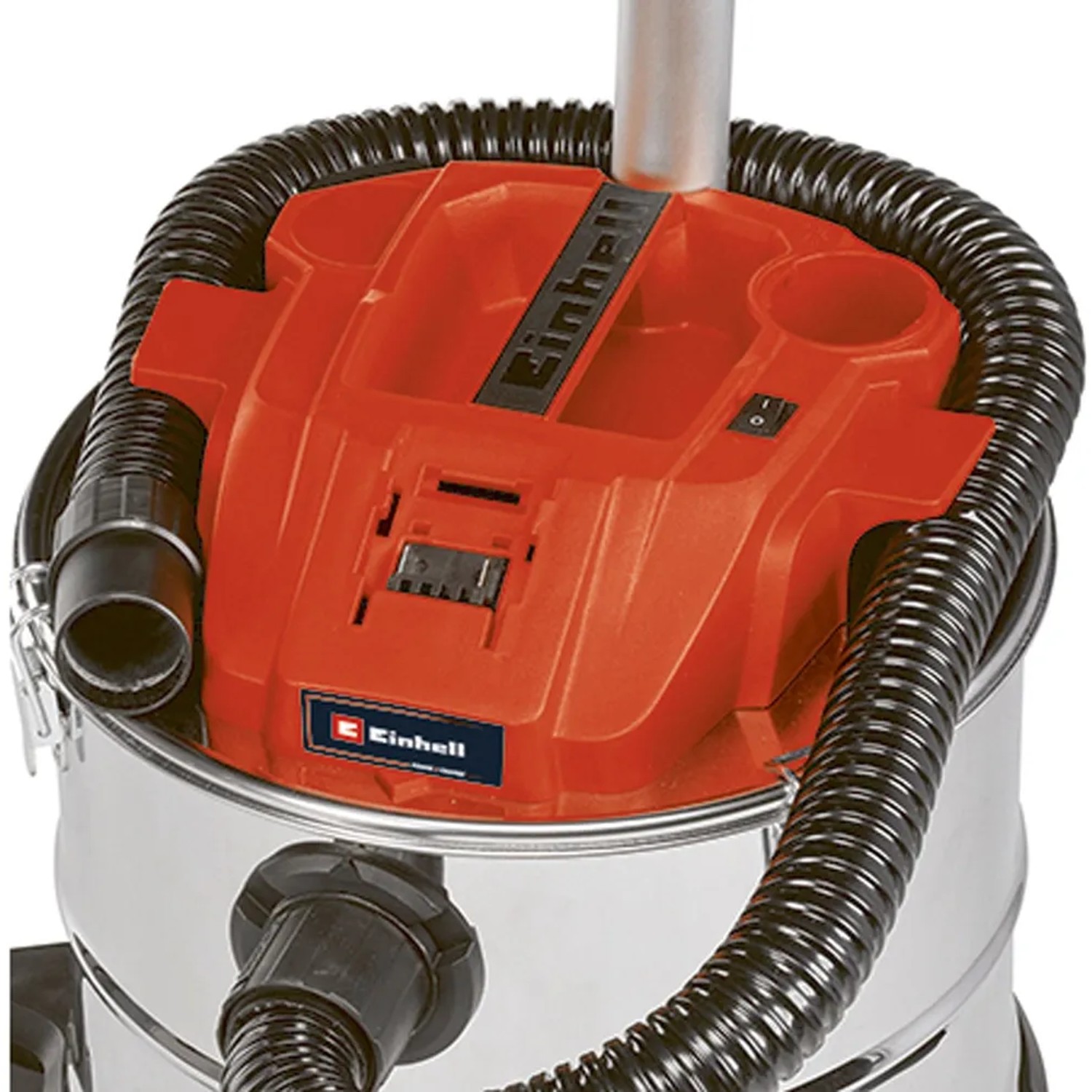Einhell Akku-Aschesauger TE-AV 18/15 Li C-Solo: Detailaufnahme von Behälter, Schlauch und Akkuaufnahme.