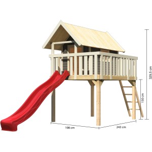 Karibu Stelzenhaus Fidel Set mit roter Rutsche und Leiter. Spielturm aus Holz in Terragrau.