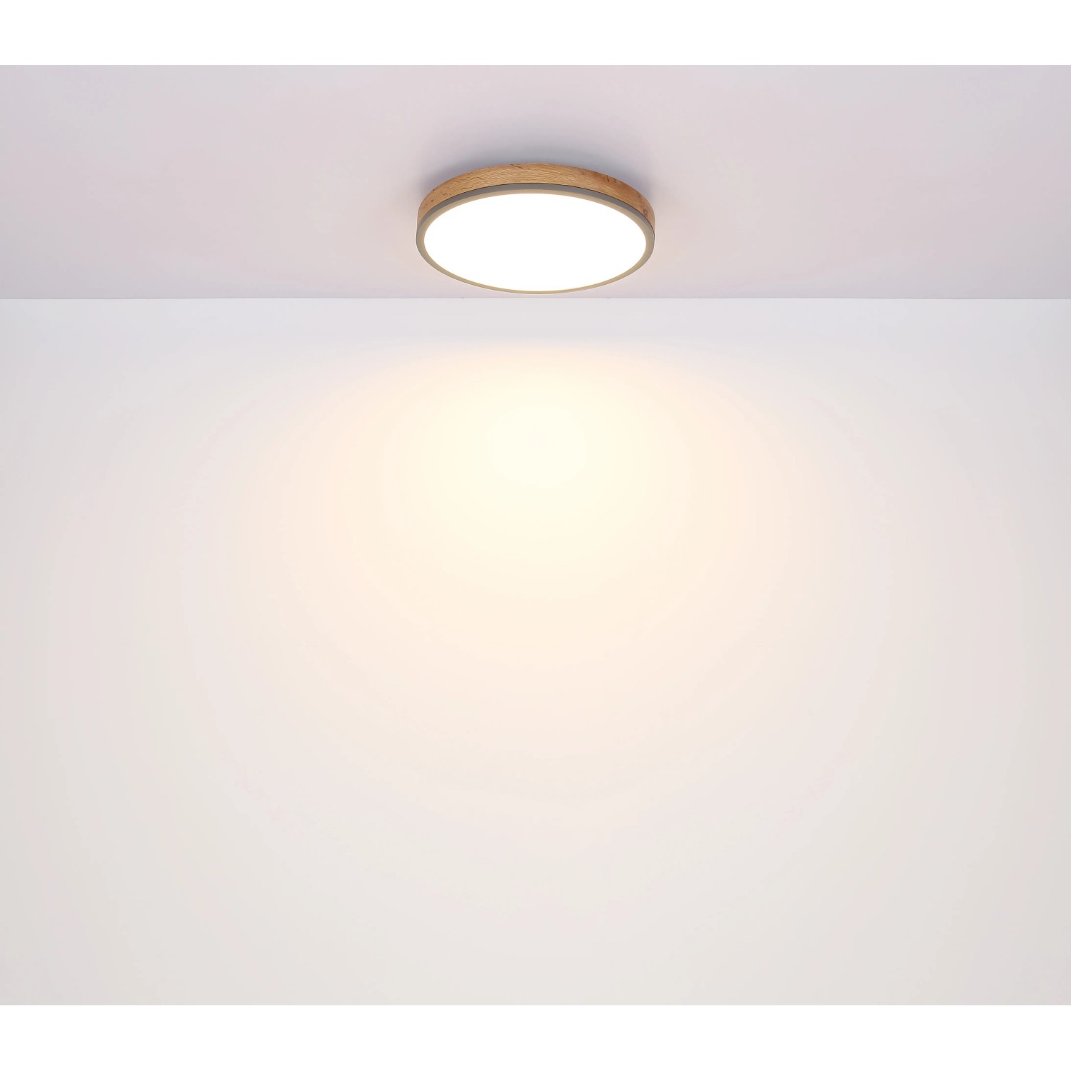 Runde LED-Deckenleuchte Doro in Graphit und Holzoptik, 450 mm Durchmesser.