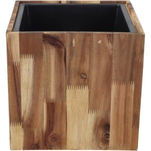 Quadratischer Pflanztopf aus Akazienholz mit Kunststoffeinsatz, 33x30 cm. Ideal für Garten und Balkon.