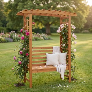 Rosenbogen mit Sitzbank aus Tannenholz, Rankhilfe für Garten und Terrasse.